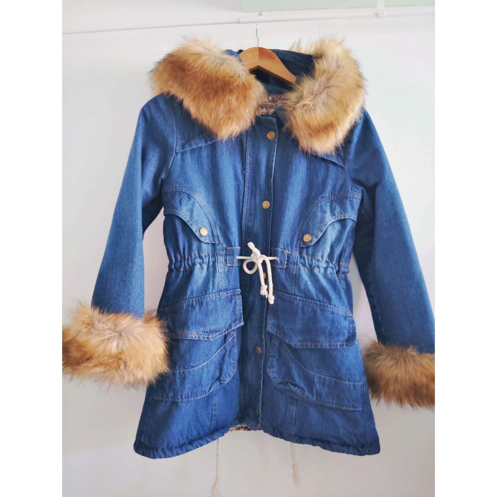 Womens Quilted Lined w/ Removable Fur Trim Hooded Denim Jacket Size Med